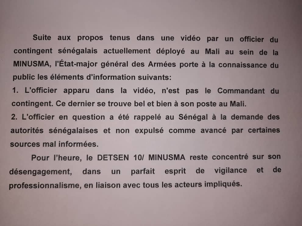 Rumeurs sur l'expulsion d'un officier sénégalais du Mali/ Les précisions de L'État-major général des Armées: " l'officier en question a été rappelé au Sénégal à la demande des autorités sénégalaises et non expulsé".