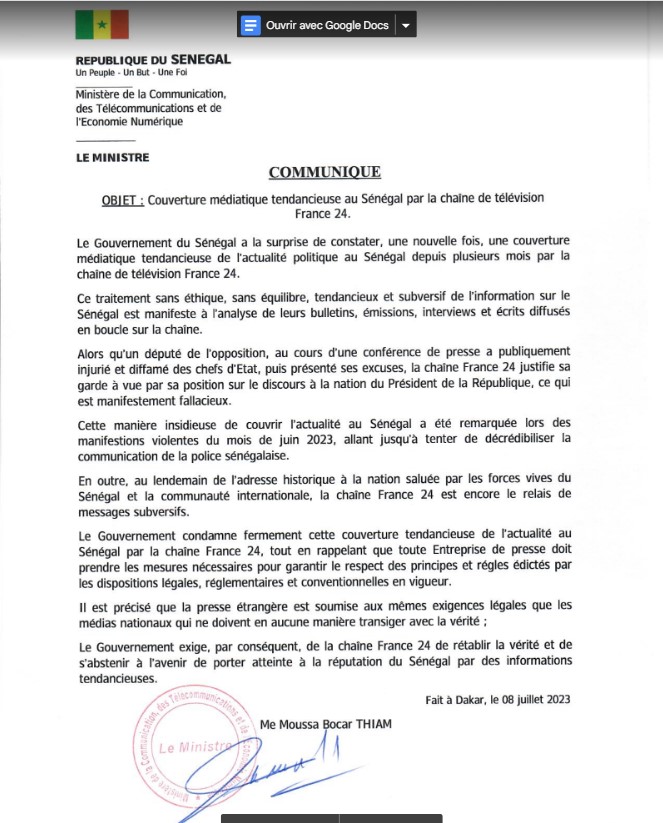 Couverture médiatique tendancieuse de l'actualité politique au Sénégal par France 24: Le gouvernement condamne fermement et exige le rétablissement de la vérité