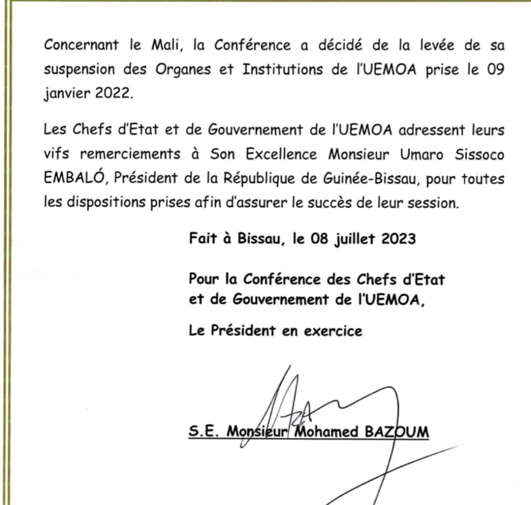 Bissau: L'UEMOA lève les sanctions institutionnelles contre le Mali