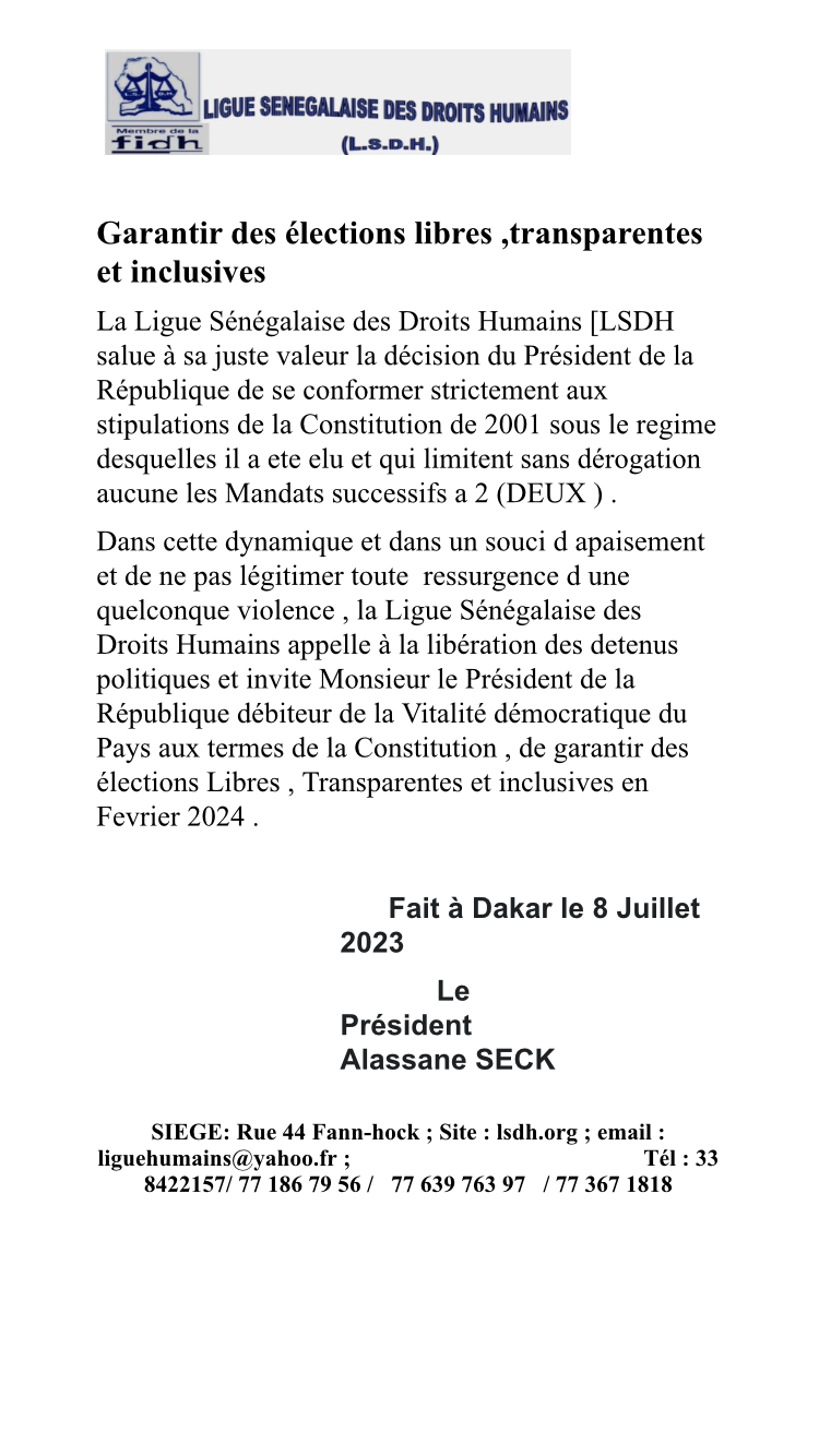 Présidentielle 2024 : la LSDH magnifie la non participation du président Macky Sall et l’invite à garantir des élections libres, transparentes et inclusives.