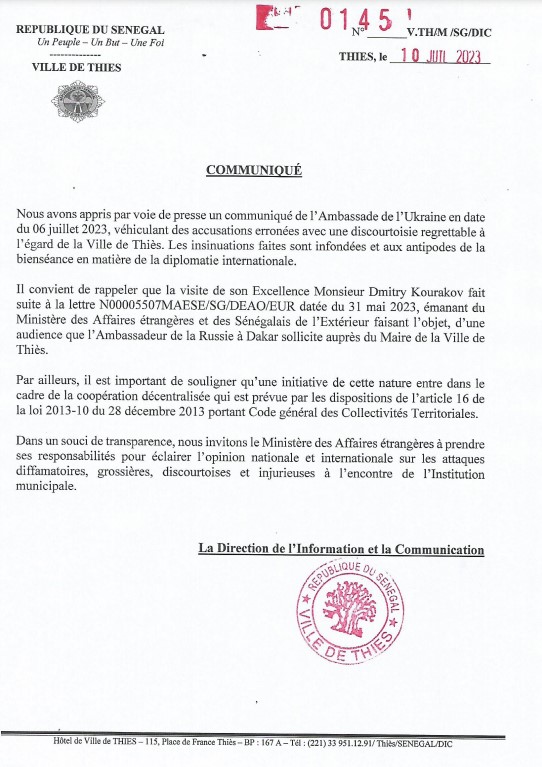 Incident diplomatique : Le maire de Thiès invite le ministre des Affaires Étrangères à rappeler à l’ordre l’ambassadeur de l’Ukraine au Sénégal