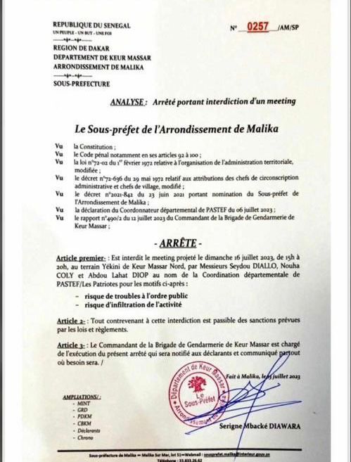Interdiction de tous les rassemblements entre les 15 et 16 juillet: Voici les 9 lettres d'information rejetées par les autorités administratives de la région de Dakar.