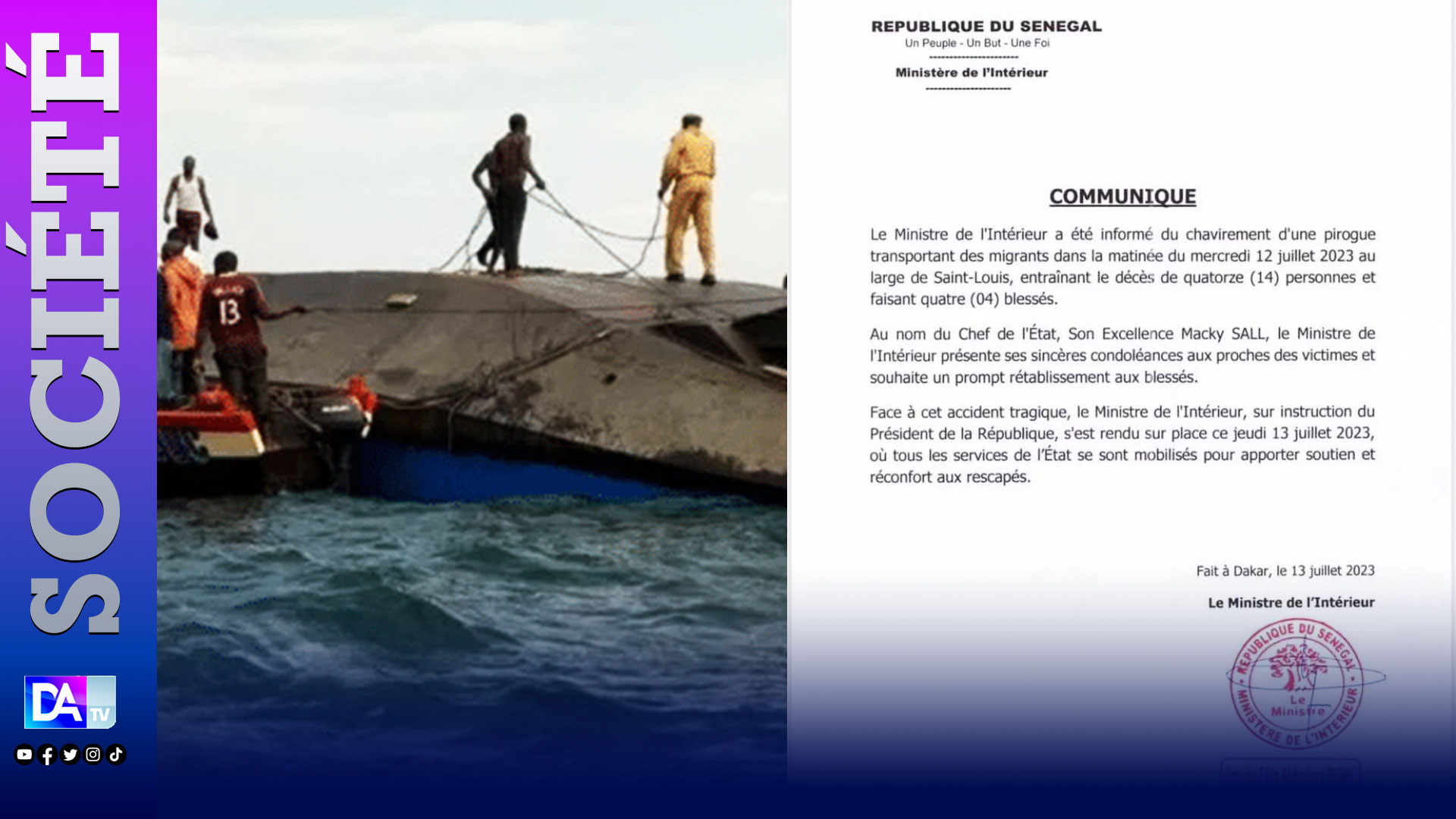 Chavirement d’une pirogue de migrants : Le ministère de l’intérieur annonce 14 morts et 4 blessés.