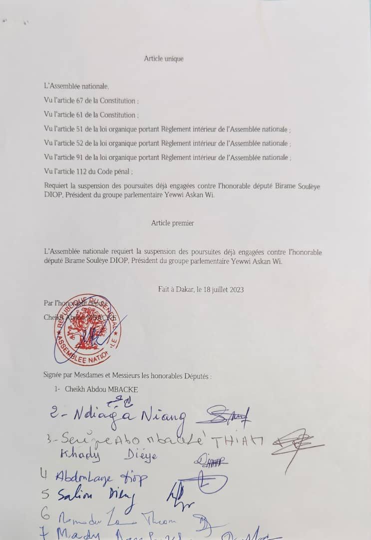 Assemblée nationale : La résolution de députés du groupe parlementaire Liberté -démocratie et Changement pour l’arrêt des poursuites contre Birame Soulèye Diop