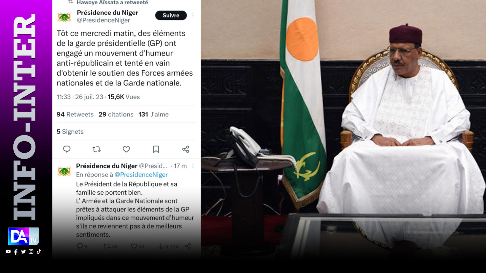 Niger: Le président de la République et sa famille se portent bien....L'armée et la garde nationale prêtes à attaquer les éléments de la garde présidentielle..."( présidence).
