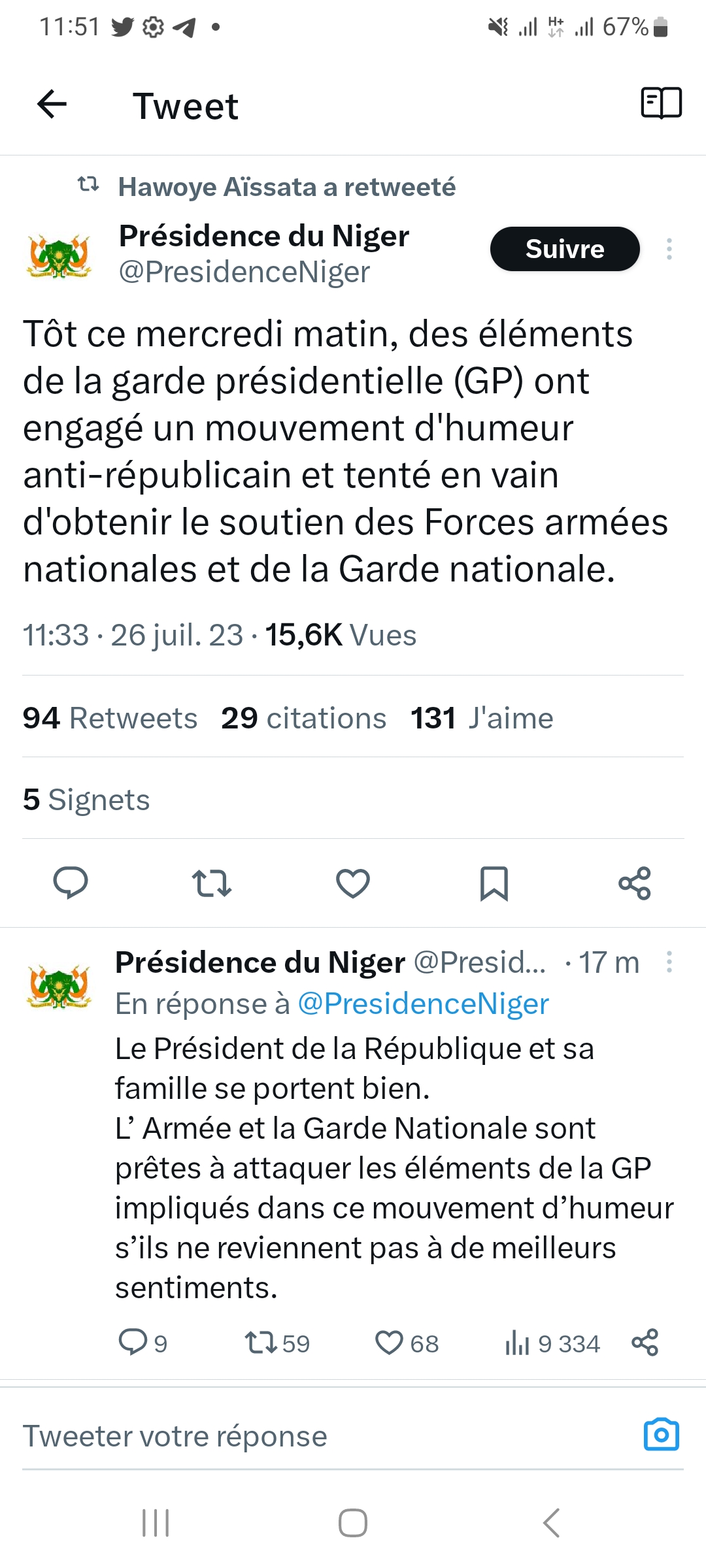 Niger: Le président de la République et sa famille se portent bien....L'armée et la garde nationale prêtes à attaquer les éléments de la garde présidentielle..."( présidence).