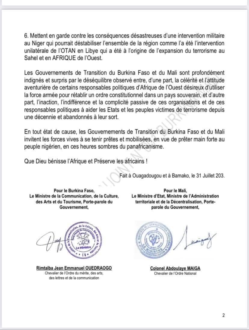 Une intervention militaire au Niger serait "une déclaration de guerre" au Burkina Faso et au Mali (communiqué conjoint)
