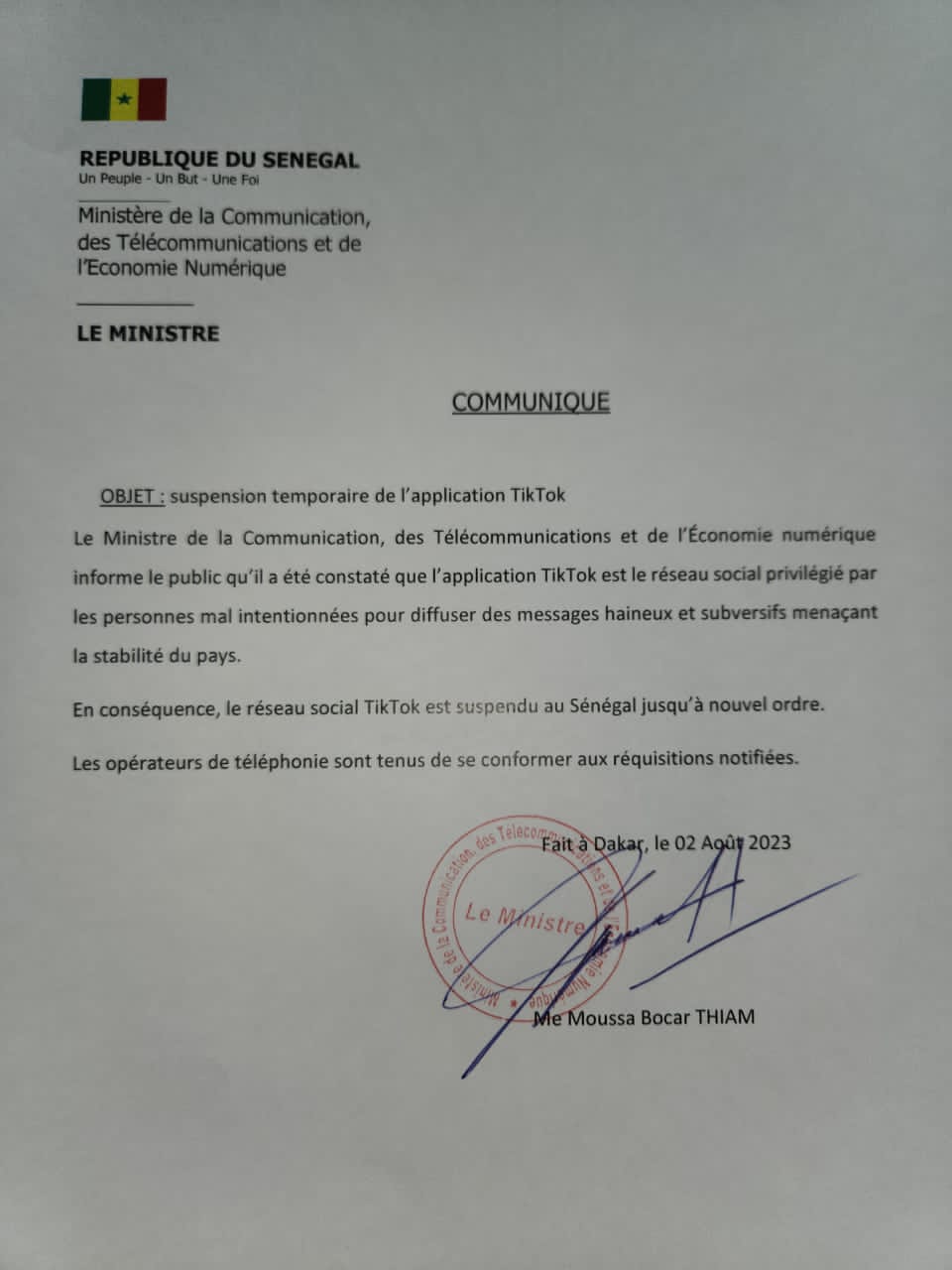 Sénégal : L'état suspend le réseau social TIK TOk jusqu'à nouvel ordre