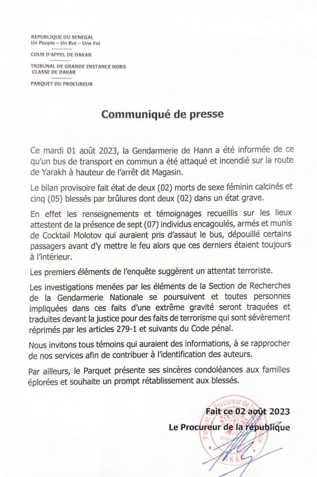 Attaque d’un bus TATA au cocktail molotov à Yarakh : « Les premiers éléments de l'enquête suggèrent un attentat terroriste » (Procureur)