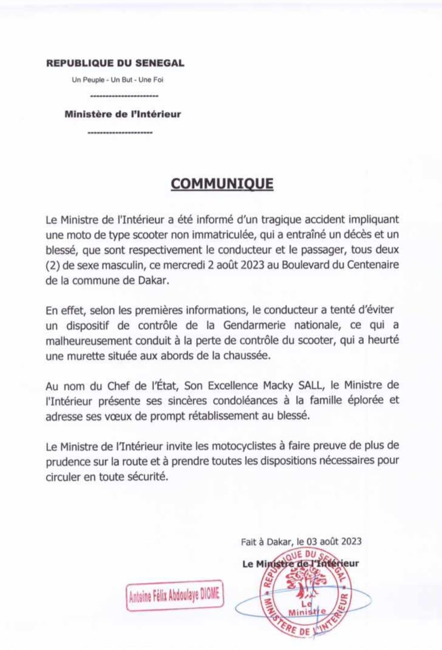 Décès d'un conducteur de scooter sur le boulevard du Centenaire de Dakar : Le ministre de