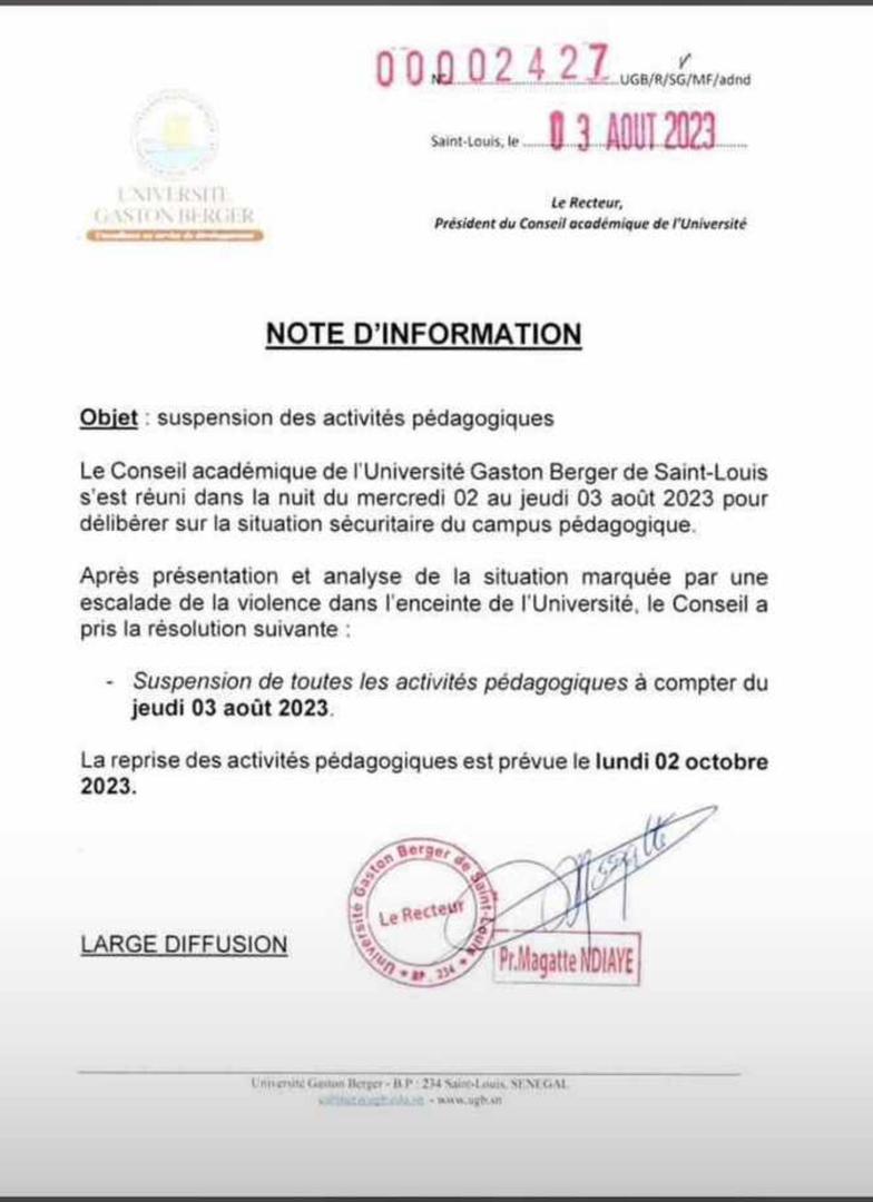 Université Gaston Berger de Saint-Louis: Le Conseil académique suspend toutes les activités pédagogiques