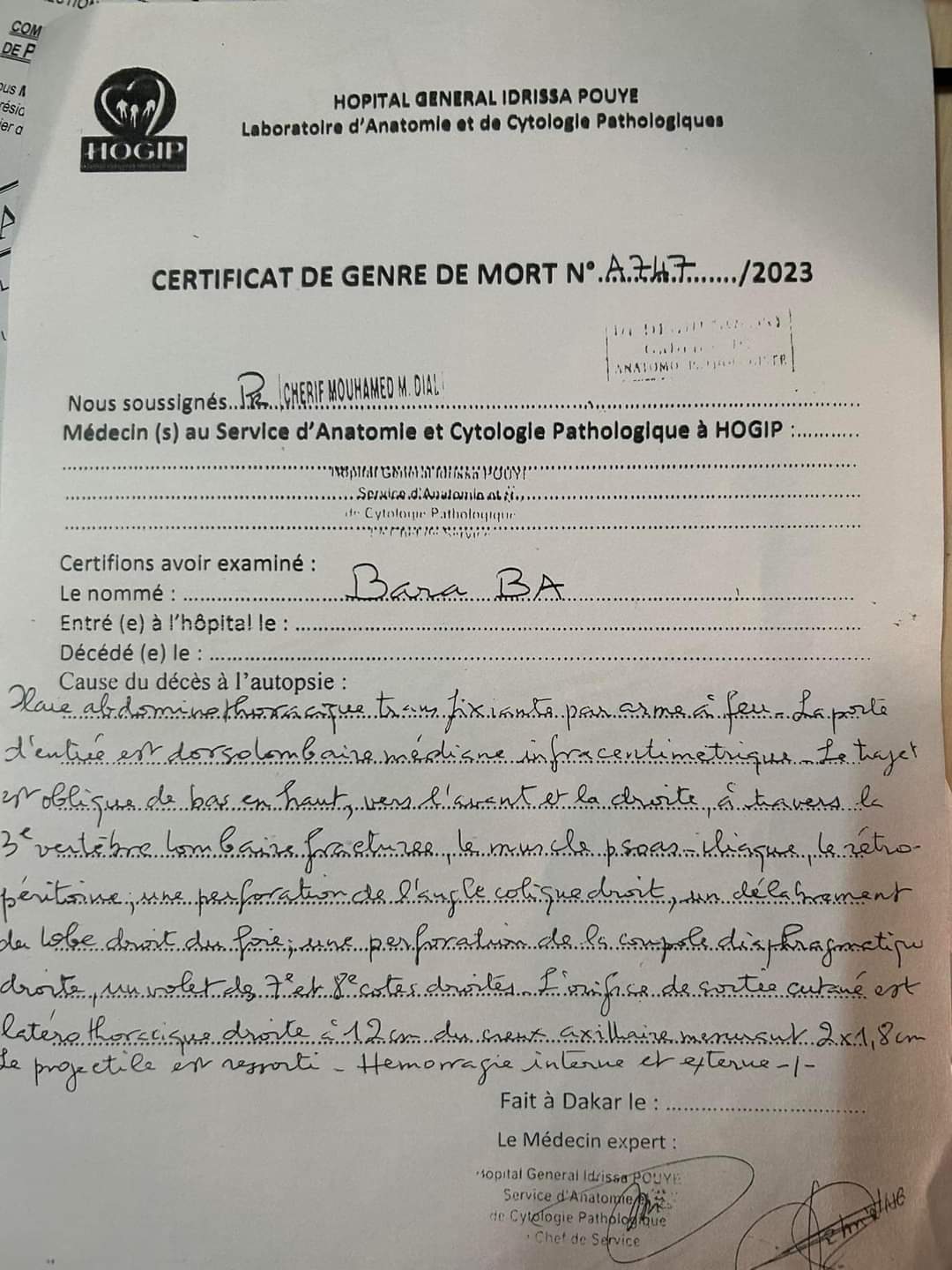 Pikine/Décès de Bara Ba : le certificat de genre de mort atteste la mort par balles.