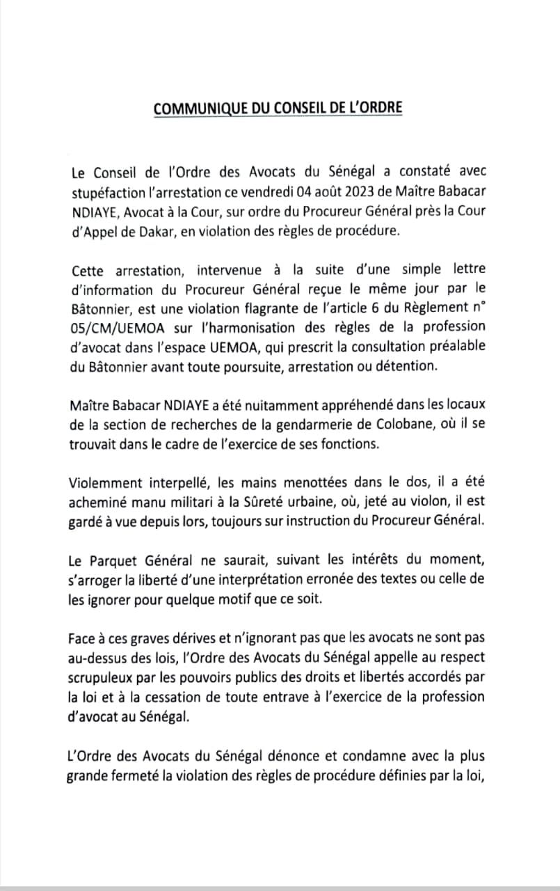 Affaire Me Babacar Ndiaye : l’Ordre des avocats réclame la cessation immédiate des poursuites