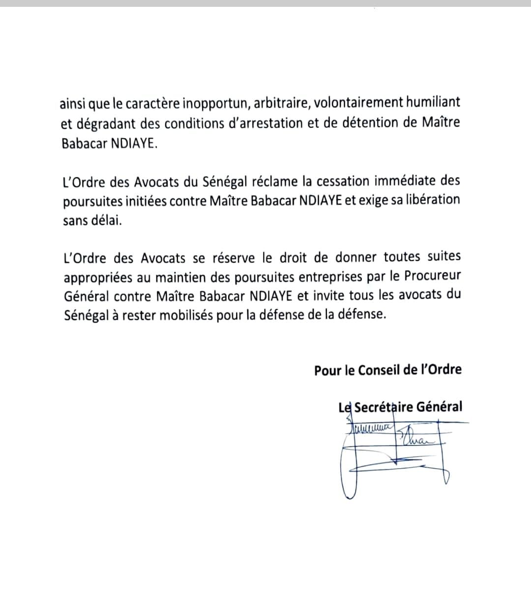 Affaire Me Babacar Ndiaye : l’Ordre des avocats réclame la cessation immédiate des poursuites