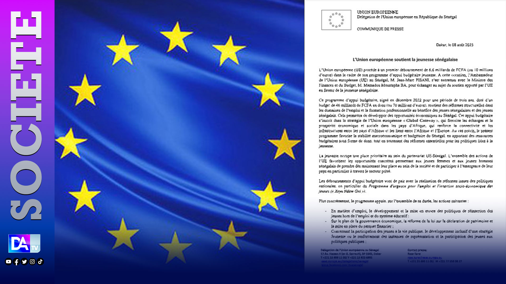 Programme d’appui budgétaire jeunesse: L'UE débloque 6,6 milliards de Fcfa au profit du Sénégal