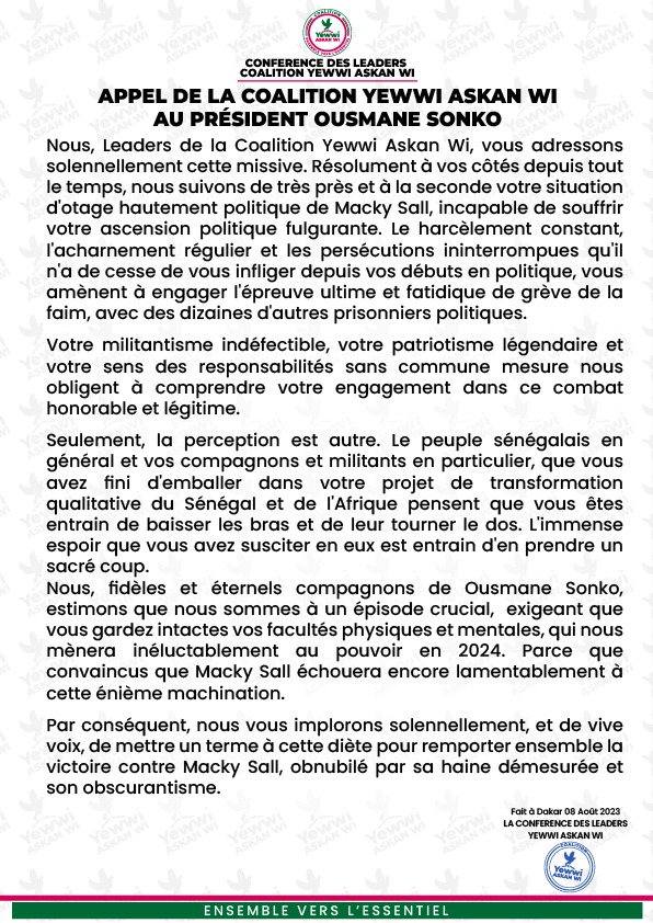 Grève de la faim : La coalition Yewwi Askan Wi demande à Ousmane Sonko de "mettre un terme à sa diète"