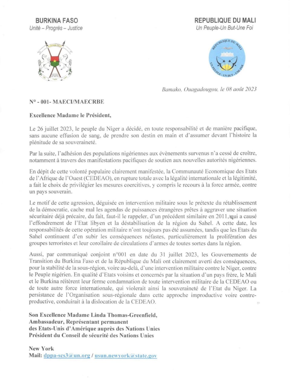 Éventuelle intervention militaire au Niger: les gouvernements du Mali et du Burkina en appellent à la responsabilité du Conseil de Sécurité et du Conseil de Paix et de Sécurité...
