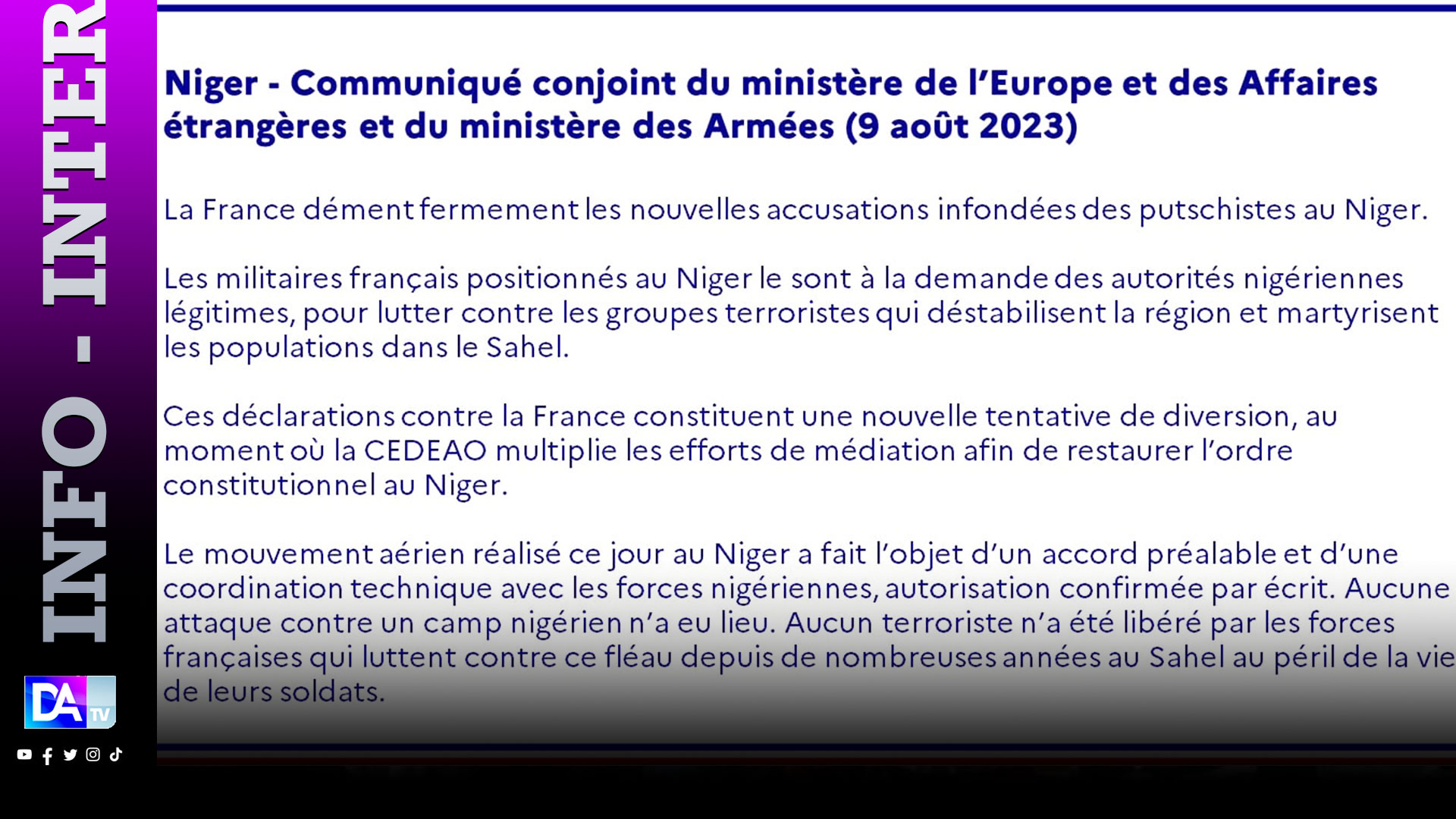 Libération de terroristes et attaque contre un camp nigérien: La France dément fermement les accusations des putschistes