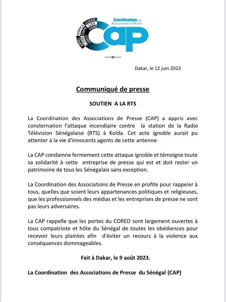 Attaque contre la station de la Rts à Kolda: La CAP condamne fermement cet " acte ignoble" et apporte son soutien à l'entreprise de presse