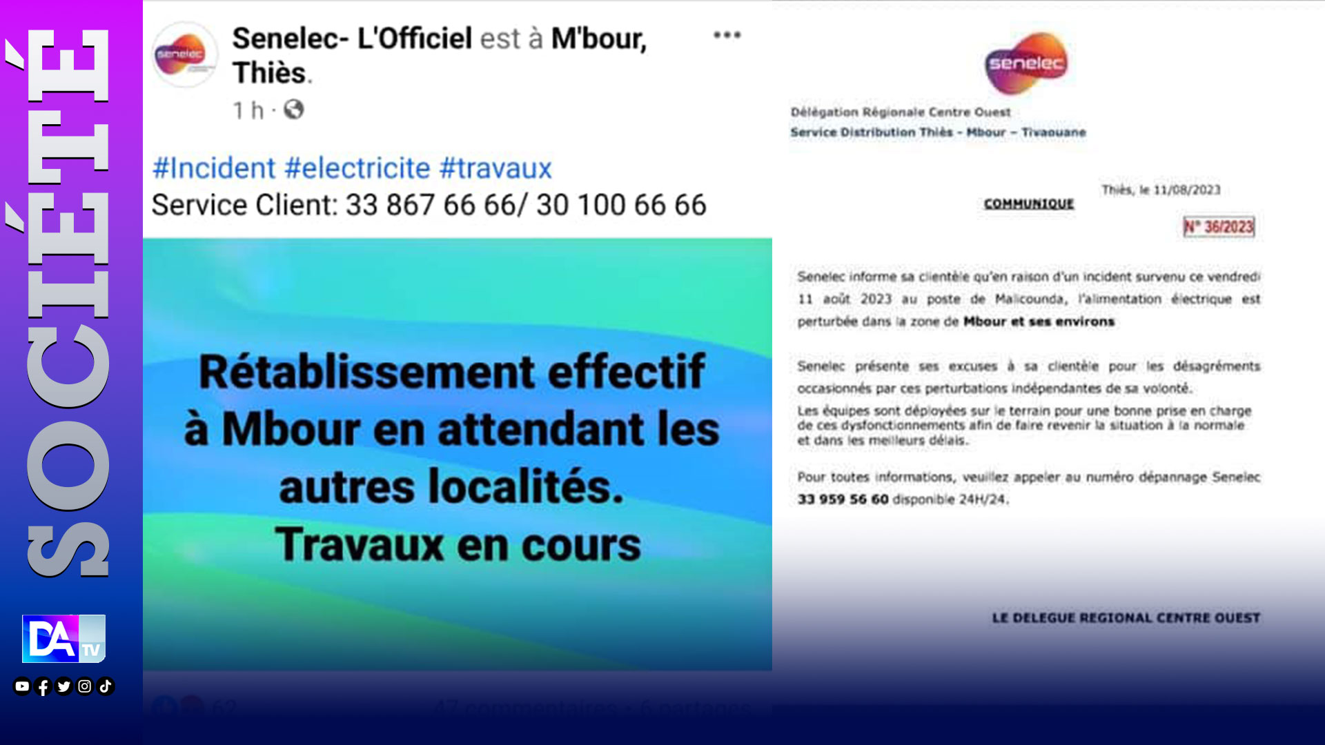 Perturbations dans l'alimentation électrique à Mbour: La Senelec parle d'un incident survenu au poste de Malicounda, rétablissement effectif dans certaines localités