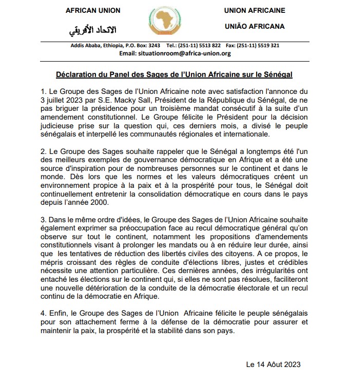 Le Groupe des sages de l'Union Africaine se félicite de la décision du président Macky Sall de ne pas " briguer la présidence pour un 3e mandat".