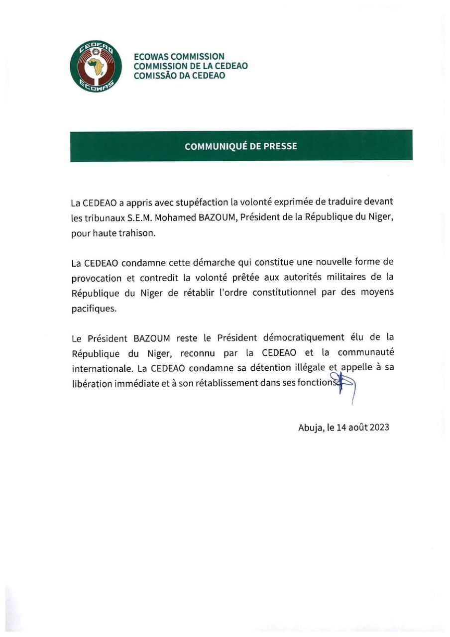 Niger: Les nouvelles mises en garde  de la CEDEAO à la junte