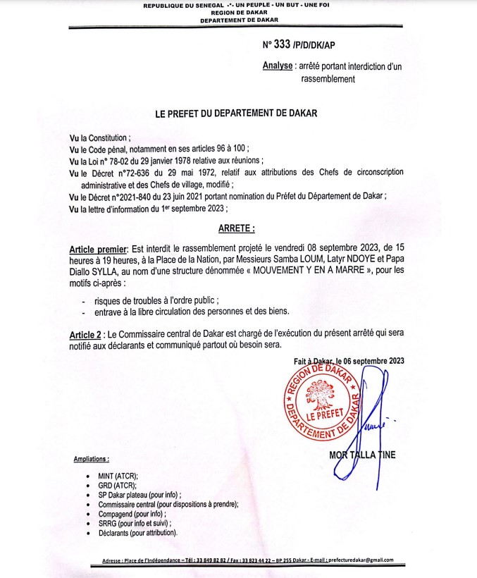 Dakar: Le préfet interdit la manifestation de F24 et Y’en a marre prévue ce vendredi