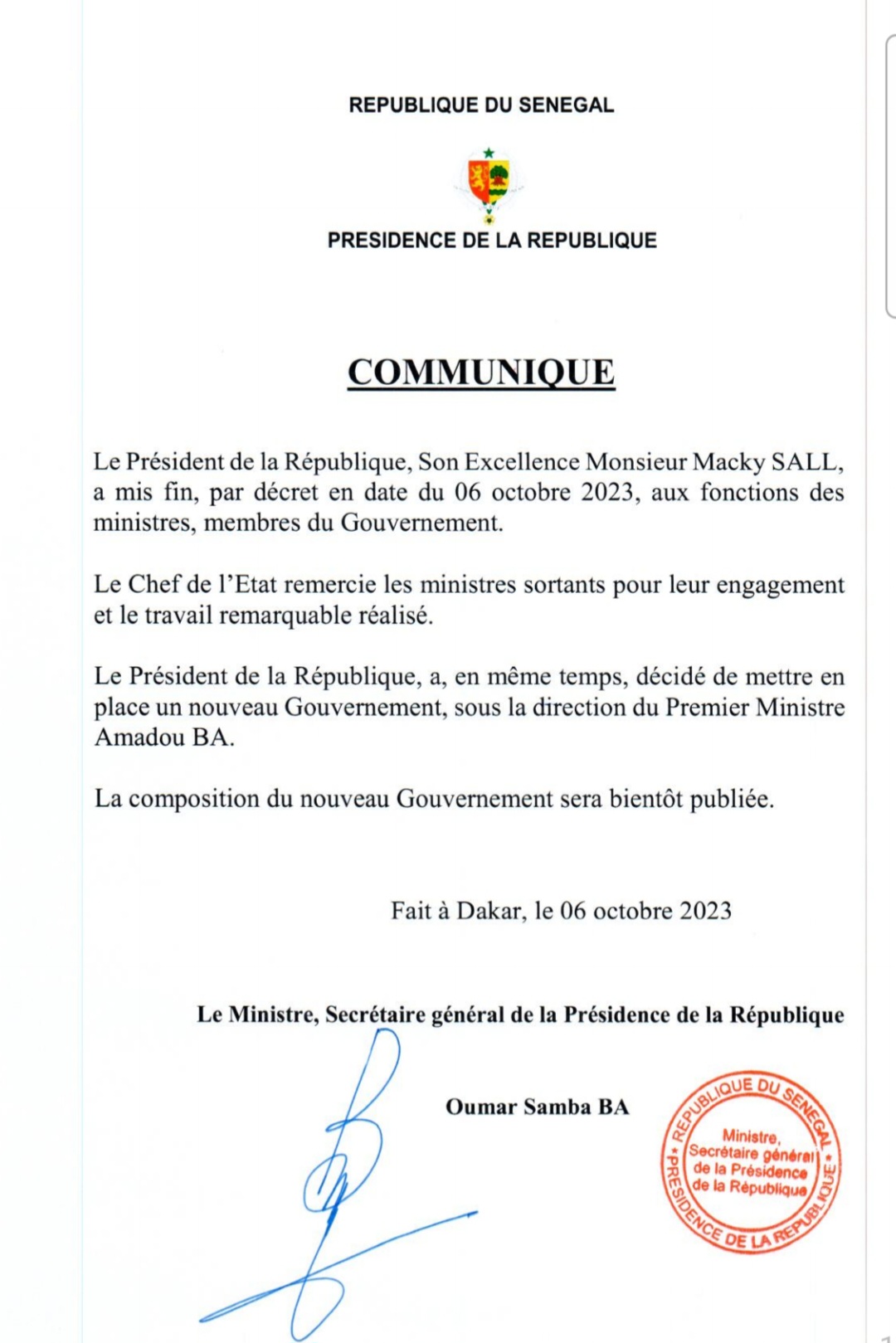 Sénégal : Le Président Macky Sall dissout le gouvernement et reconduit Amadou Ba comme Premier ministre