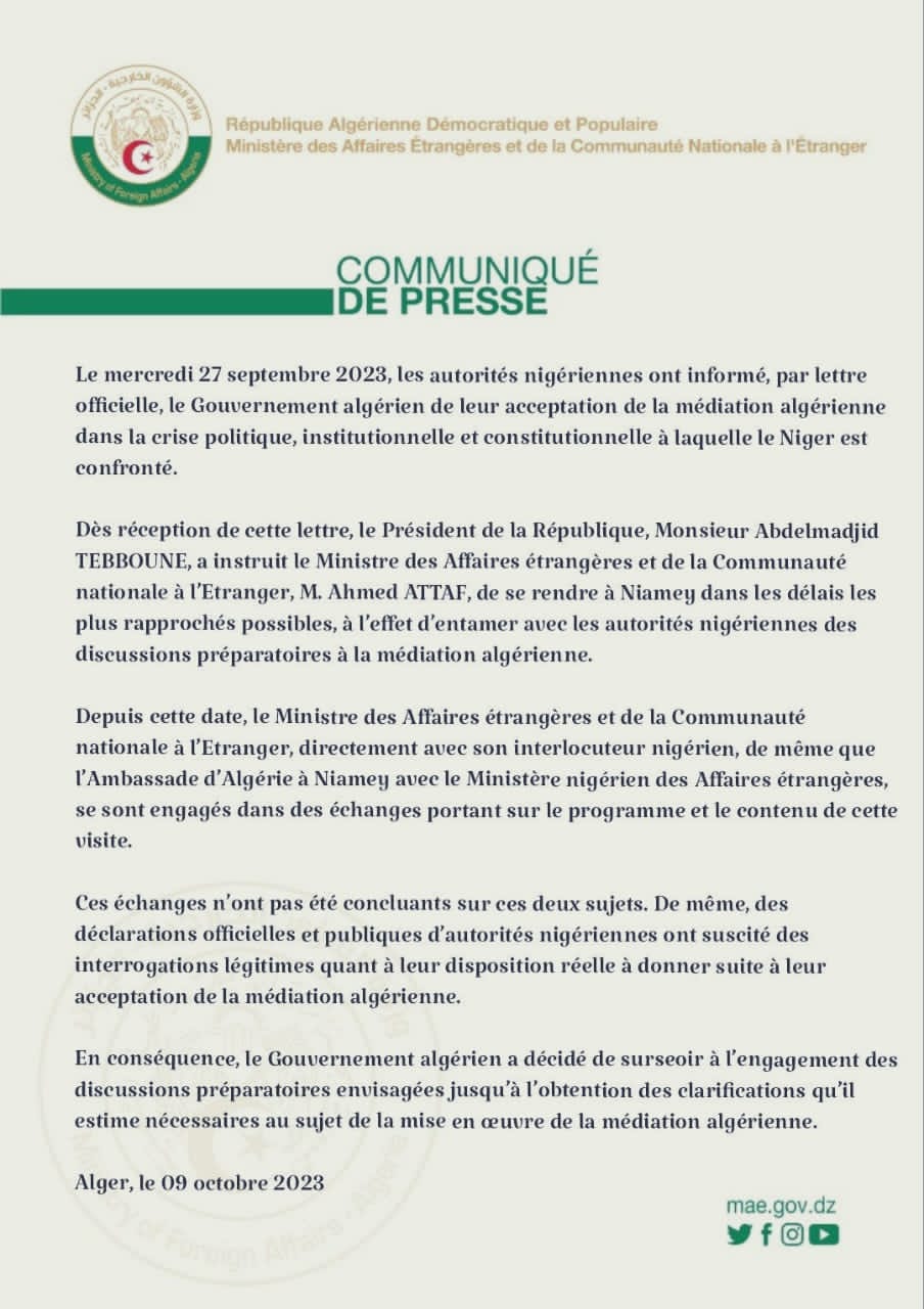 Mission de médiation au Niger: Le gouvernement algérien décide de surseoir à l'engagement des discussions