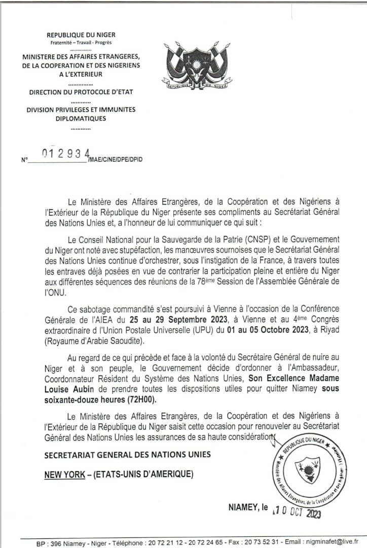 Niger: Le gouvernement accuse le SG de l'ONU et exige le départ du chef de la mission diplomatique de l'ONU dans les 72 heures