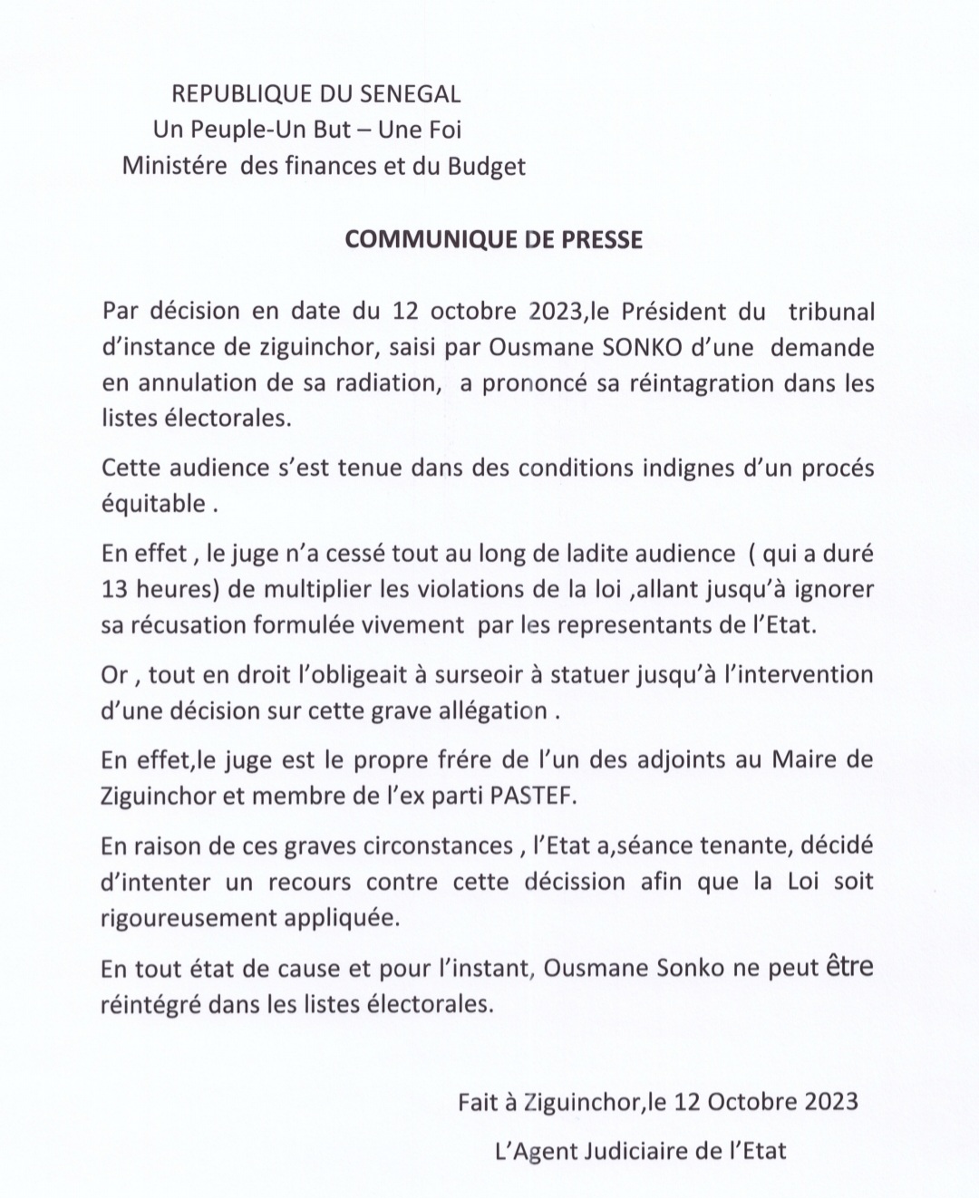 Réintégration de Sonko dans les listes électorales : L’Etat décide d’intenter un recours en annulation de la décision du juge Sabassy Faye
