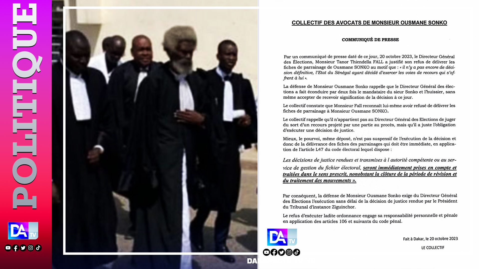 Sortie de Tanor Thiendella Fall/ Le collectif des avocats de Ousmane Sonko réagit. " Il n'appartient pas au Directeur Général des Élections de juger du sort d'un recours projeté par une partie au procès..."