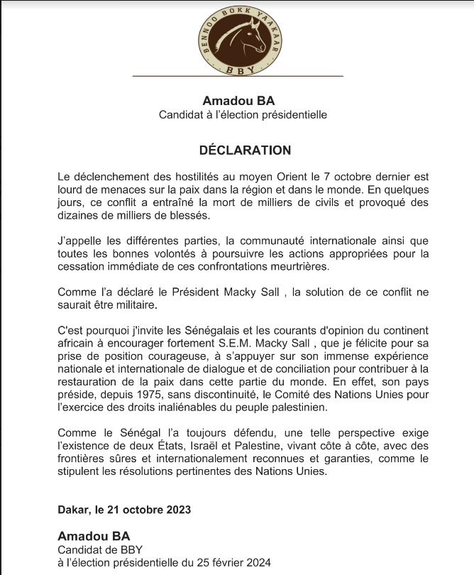 Conflit au moyen Orient: " J'invite les Sénégalais et les courants d'opinion du continent africain à encourager fortement S.E.M. Macky Sall..., à s’appuyer sur son immense expérience...pour contribuer à la restauration de la paix dans cette partie du