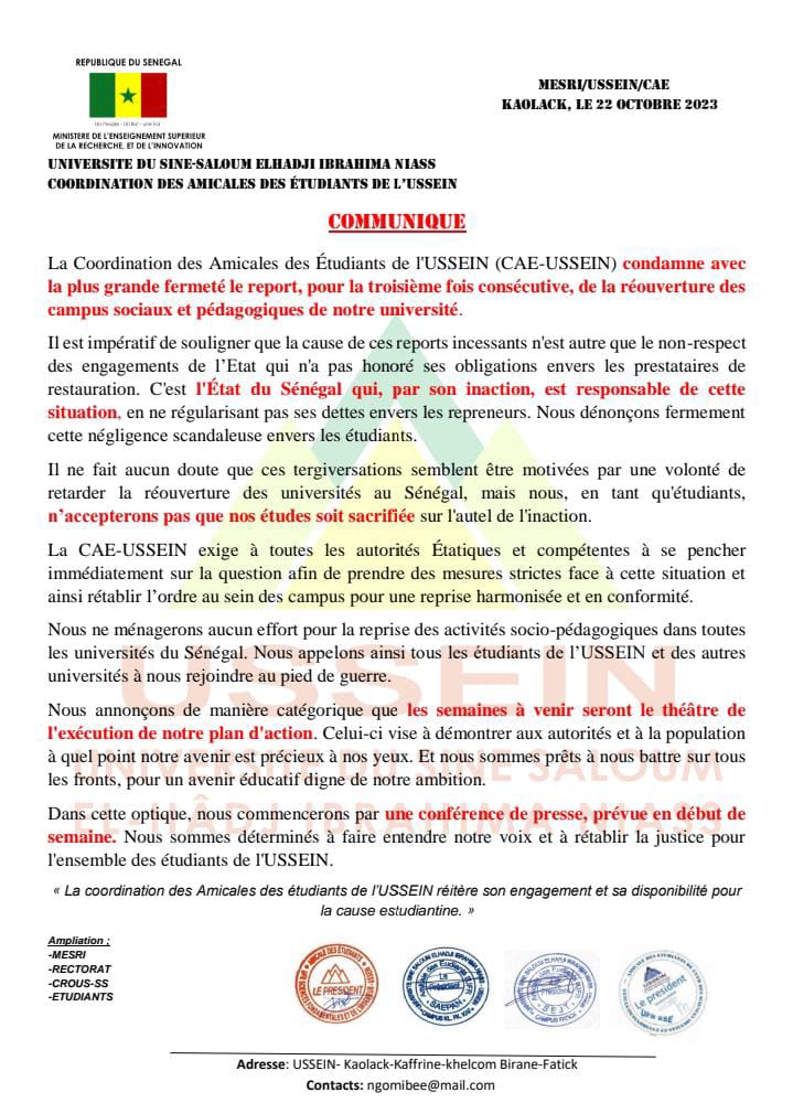 USSEIN: La Coordination des Amicales des Étudiants( CAE) déplore le report de la réouverture des campus sociaux et pédagogiques