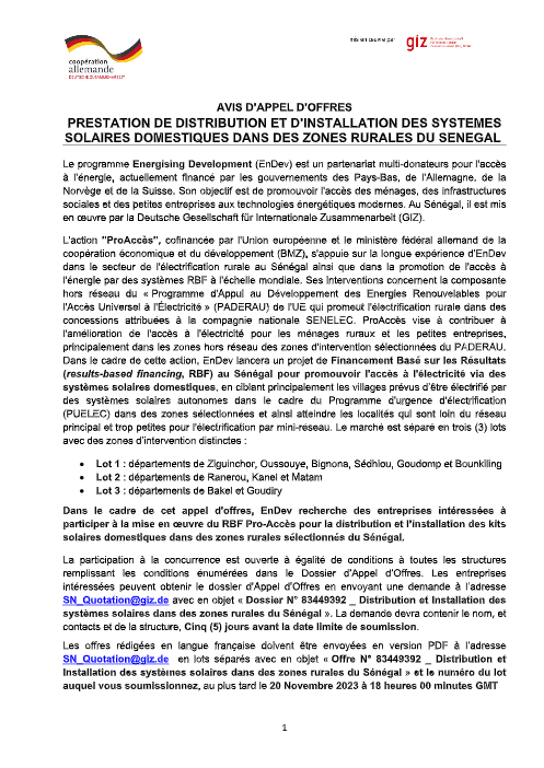 Électrification rurale : Le programme Energizing Development (EnDev) lance l’appel d’offres pour plusieurs zones du Sénégal