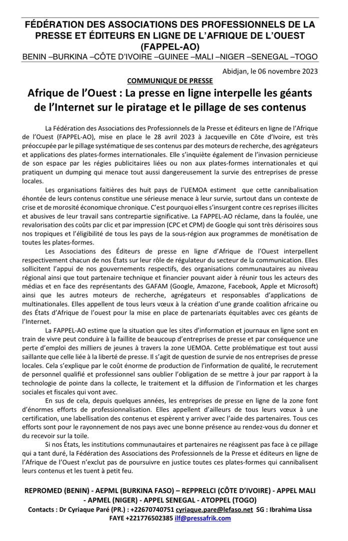 Afrique de l’Ouest : La presse en ligne interpelle les géants de l’Internet sur le piratage et le pillage de ses contenus