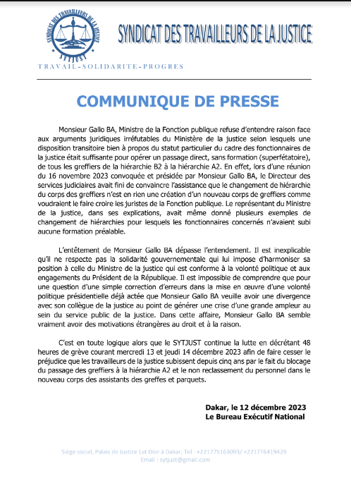 Blocage du passage des greffiers à la hiérarchie A2 : Le Sytjust décrète 48 heures de grève le mercredi 13 et le jeudi 14 décembre 2023