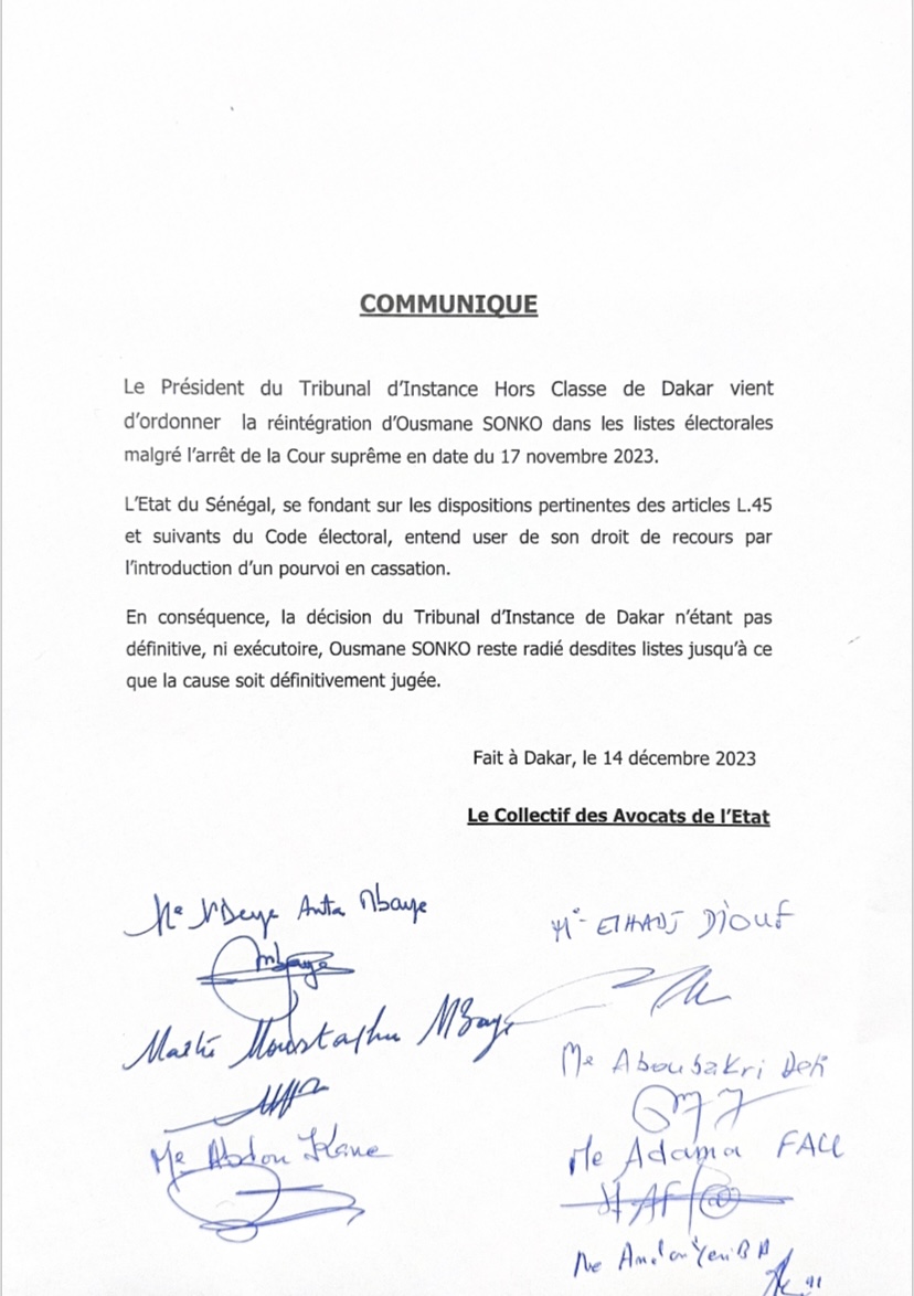 Réintégration de Ousmane Sonko: le collectif des avocats de l’Etat annonce un pourvoi en cassation et précise