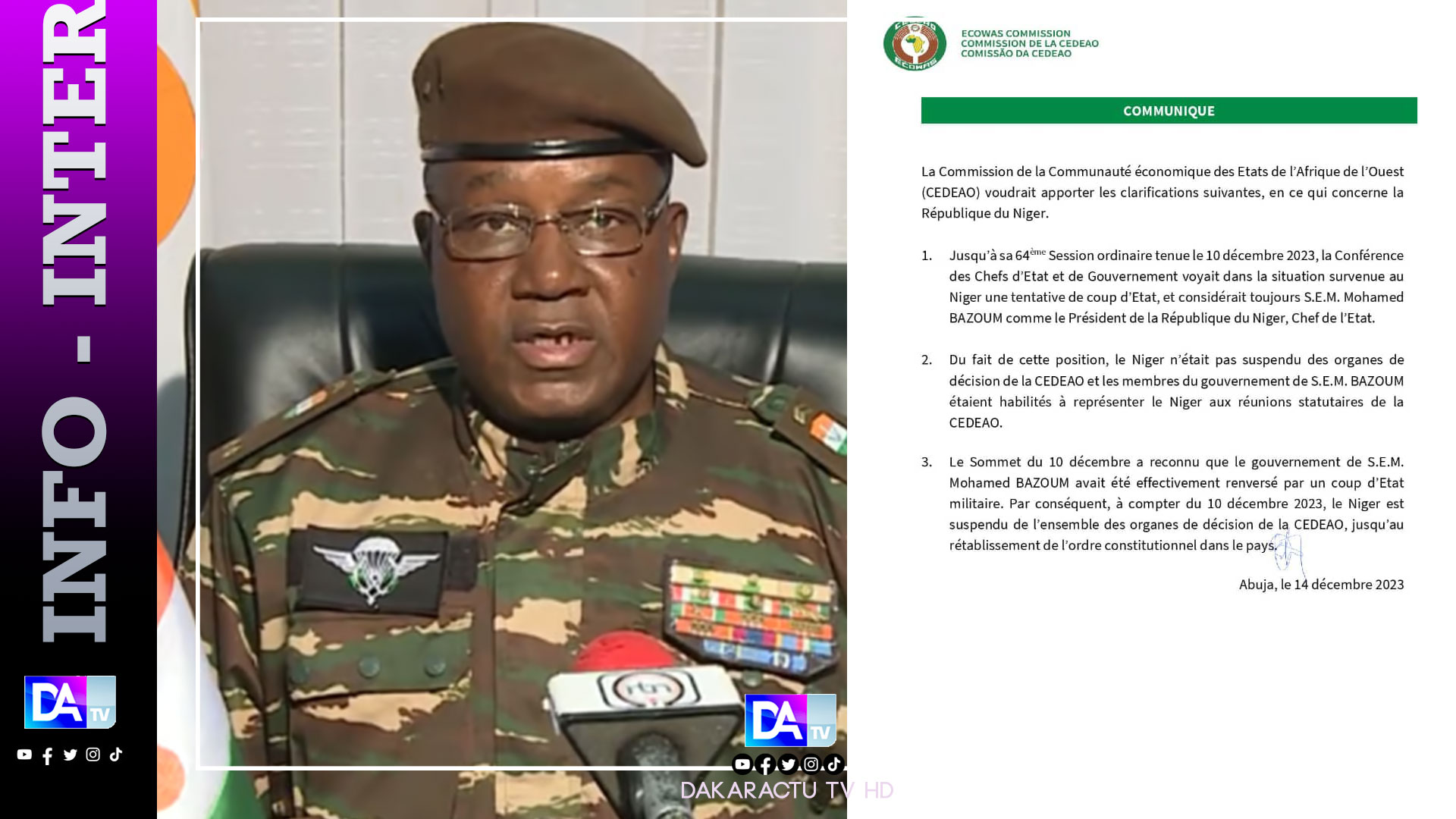 Niger: La CEDEAO acte le coup d'État militaire et suspend officiellement le pays de l'ensemble de ses organes de décision