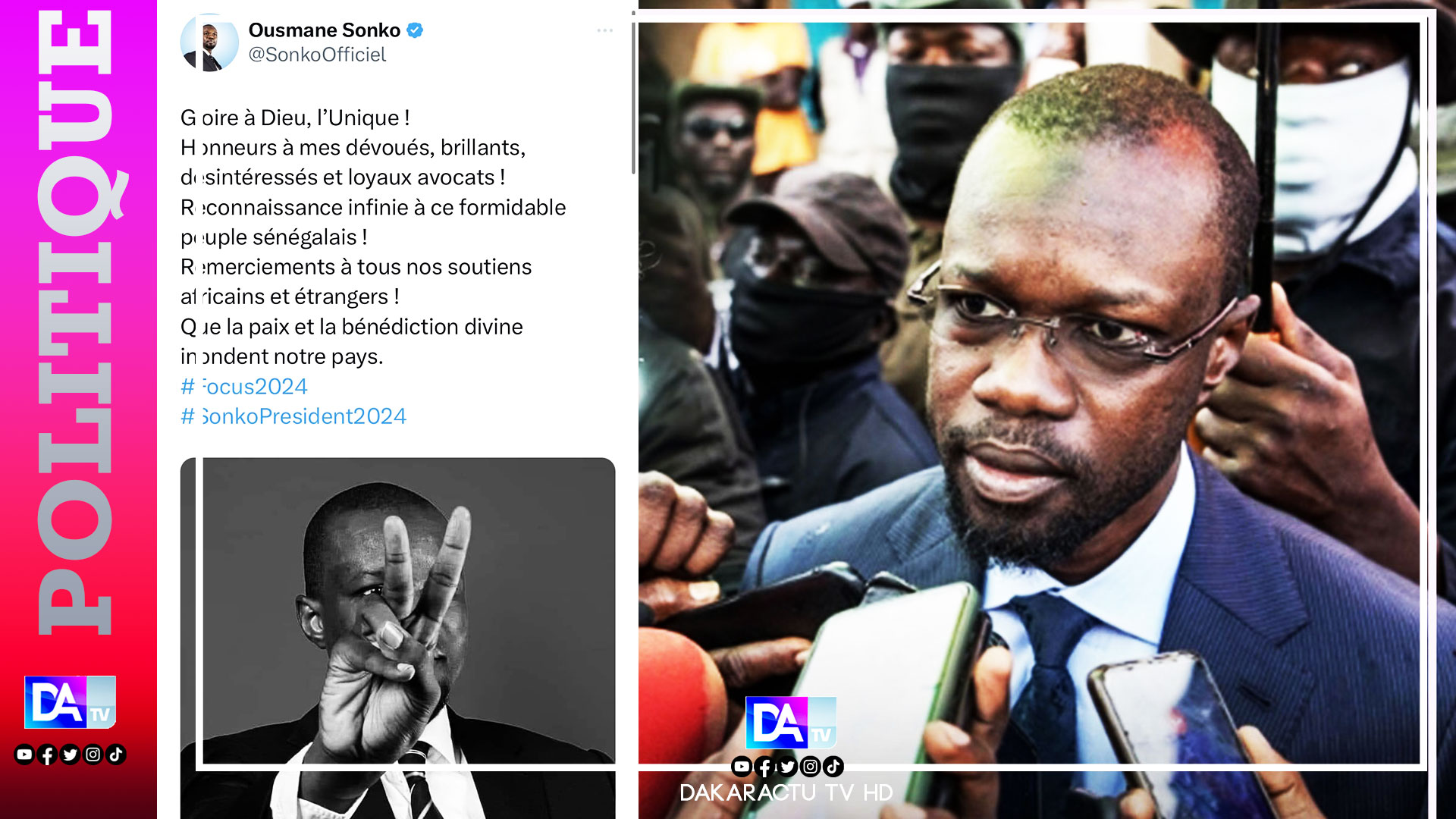 Confirmation de sa réintégration : Ousmane Sonko exprime sa reconnaissance à tous ses soutiens.