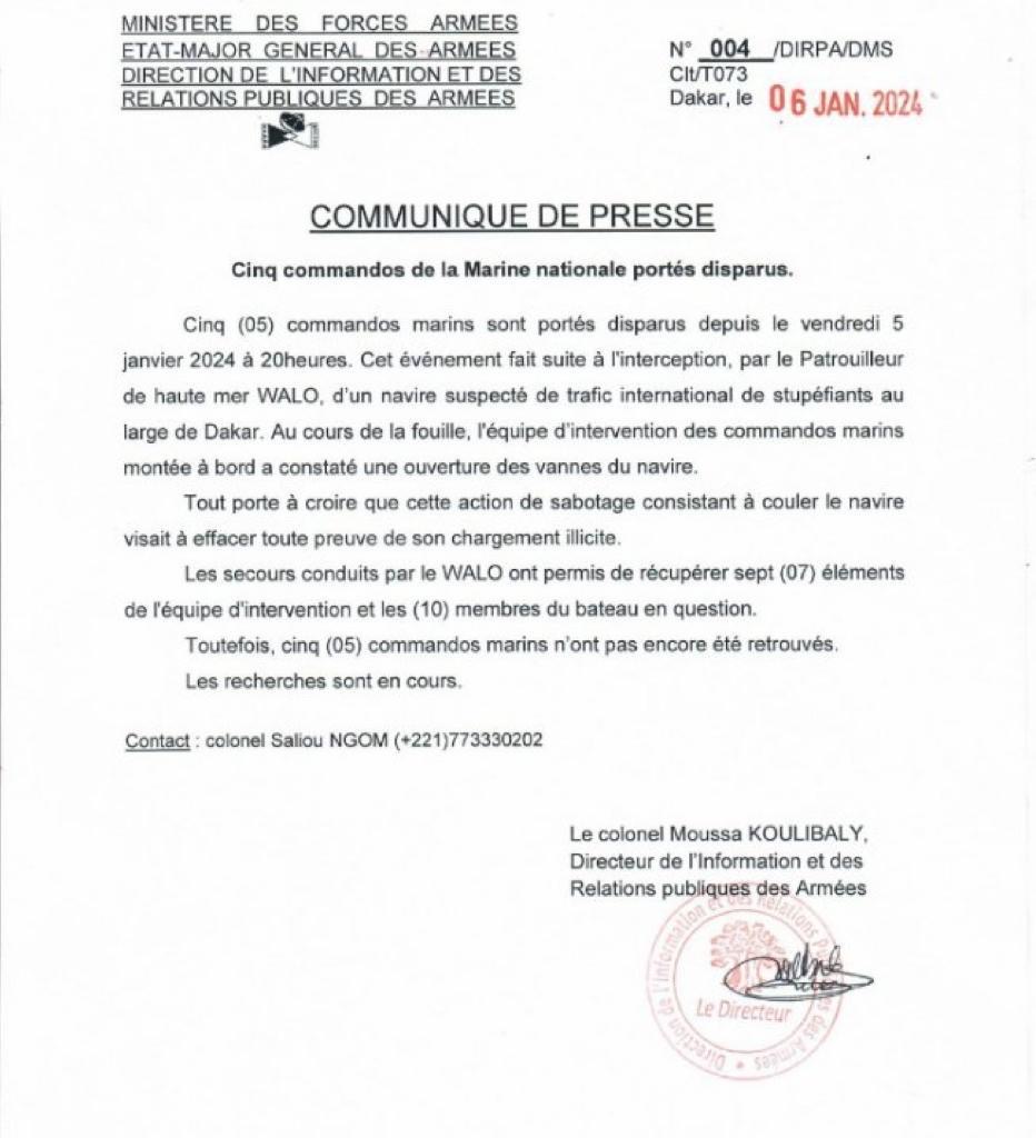 5 commandos de la Marine Nationale portés disparus lors de l’interception d’un navire suspecté de trafic illicite de stupéfiants
