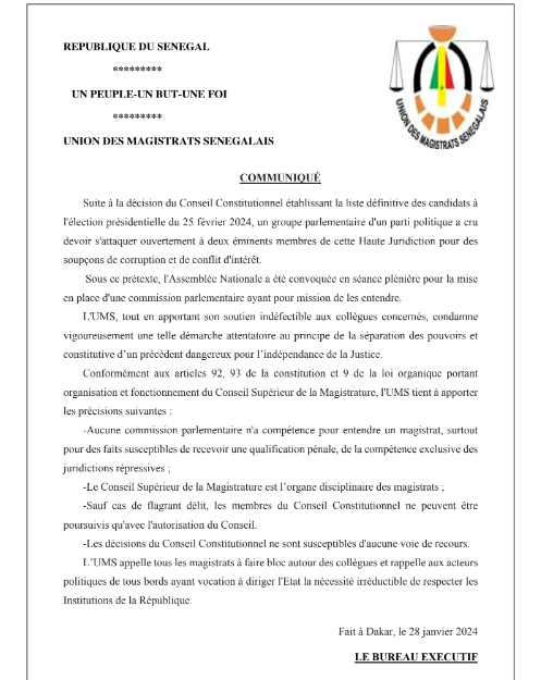 Commission d'enquête parlementaire sur des membres du CC: L'UMS apporte son soutien à ses collègues et condamne cette démarche...