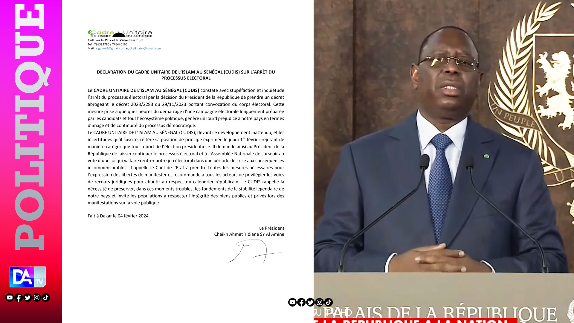 Présidentielle 2024: Le CUDIS invite le Président à continuer le processus et appelle contestataires à user des voies de recours juridiques