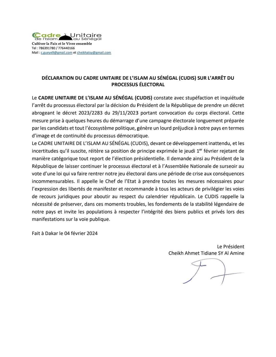 Présidentielle 2024: Le CUDIS invite le Président à continuer le processus et appelle contestataires à user des voies de recours juridiques