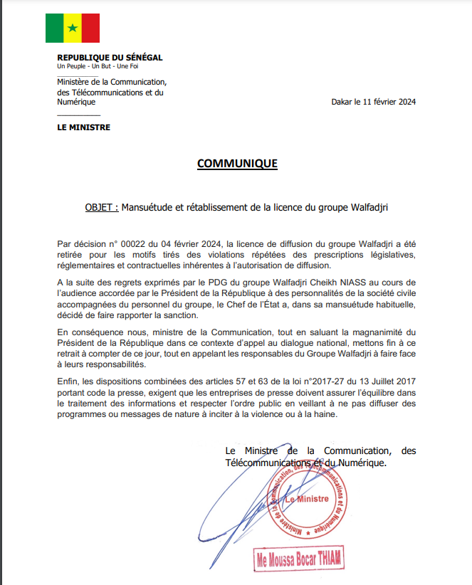 Restitution de la licence à Walfadjri : « Un acte d’indulgence et de pardon » selon le ministère des télécommunications