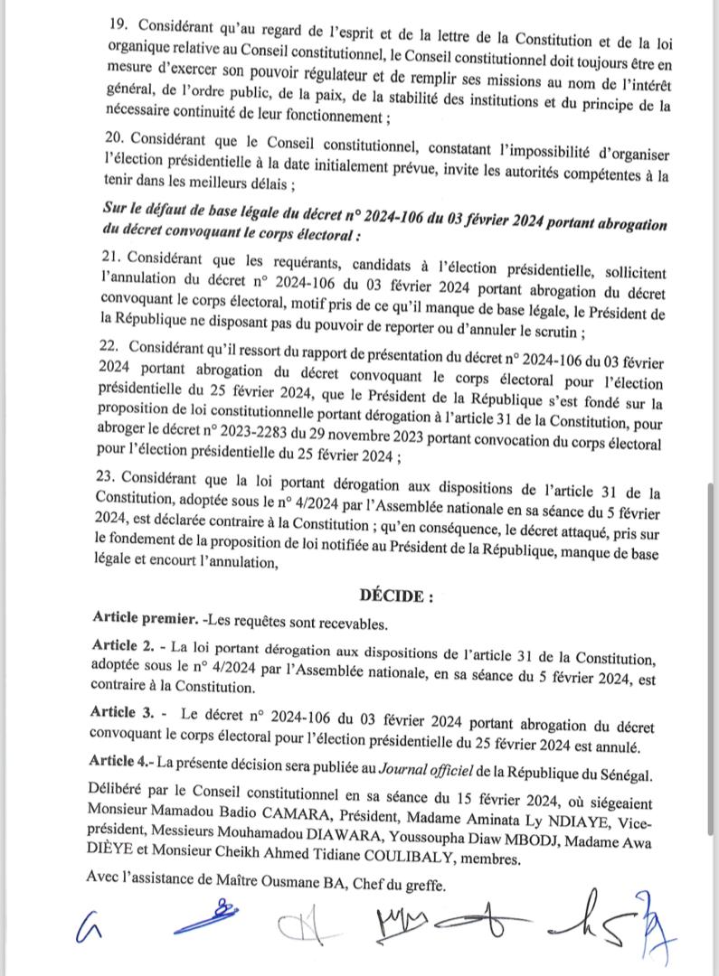 Le Conseil constitutionnel annule le décret de Macky Sall portant abrogation du décret convoquant le corps électoral