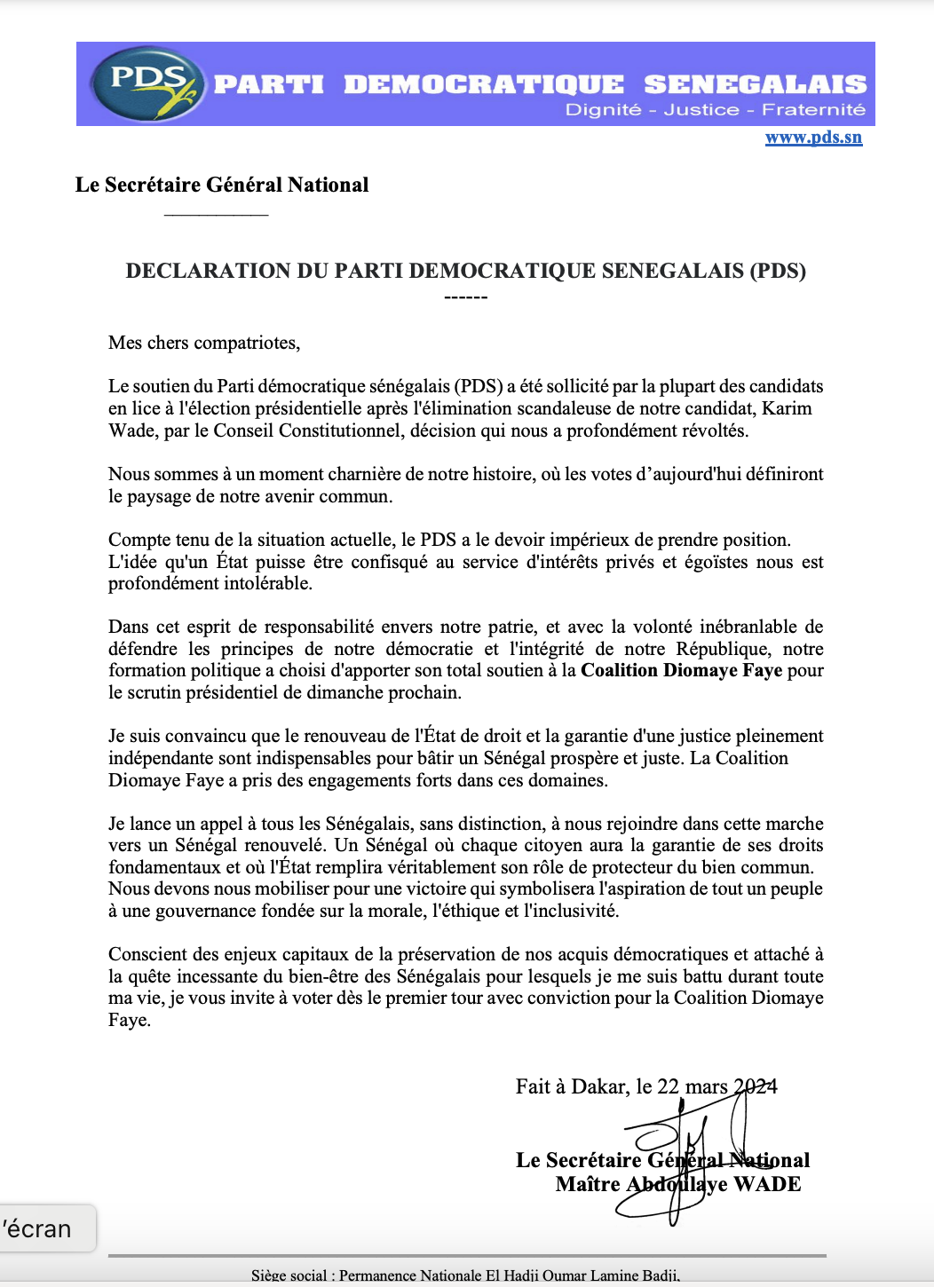 Présidentielle 2024: Me Abdoulaye Wade appelle à voter Bassirou Diomaye Faye !