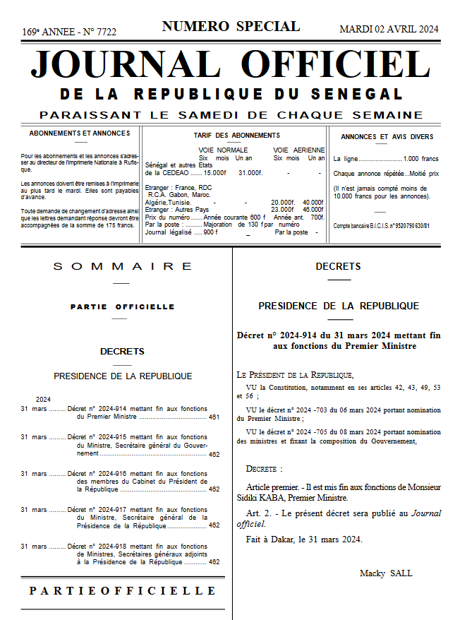 Fin de règne: Macky met fin par décrets aux fonctions du Pm, des membres de son Cabinet, du secrétaire Général du Gouvernement Seydou Guèye