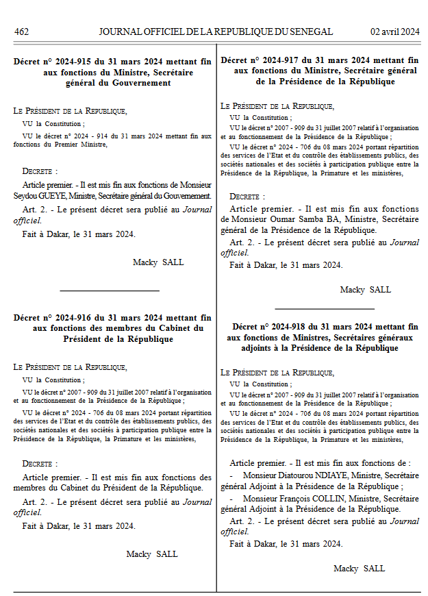 Fin de règne: Macky met fin par décrets aux fonctions du Pm, des membres de son Cabinet, du secrétaire Général du Gouvernement Seydou Guèye