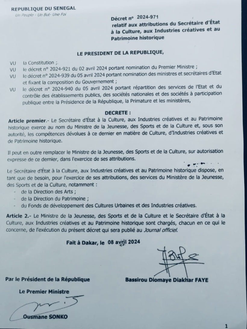 Secrétaire d’Etat à la culture: le chef de l’Etat a signé le décret de ses attributions.